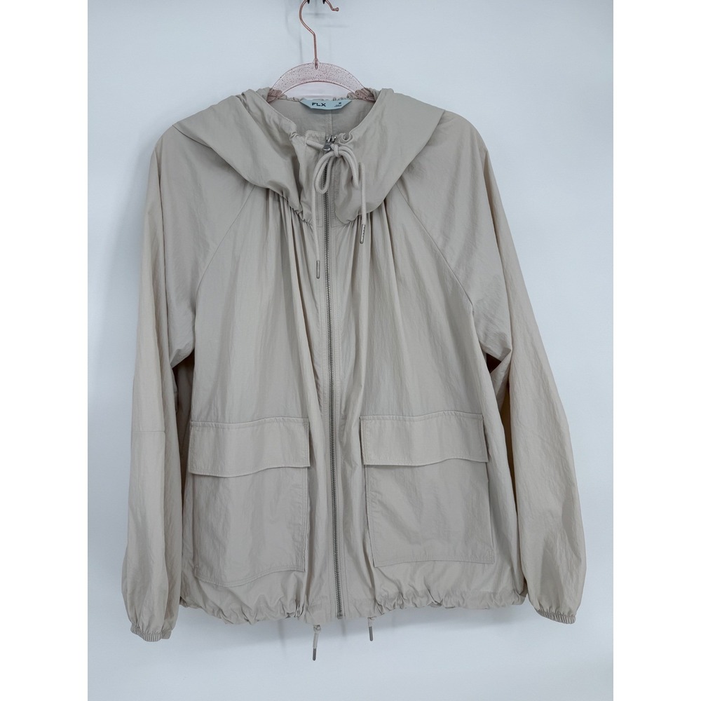 FLX Womens Beige Nylon Hooded Windbreaker Full Zip Utility Jacket Sz M